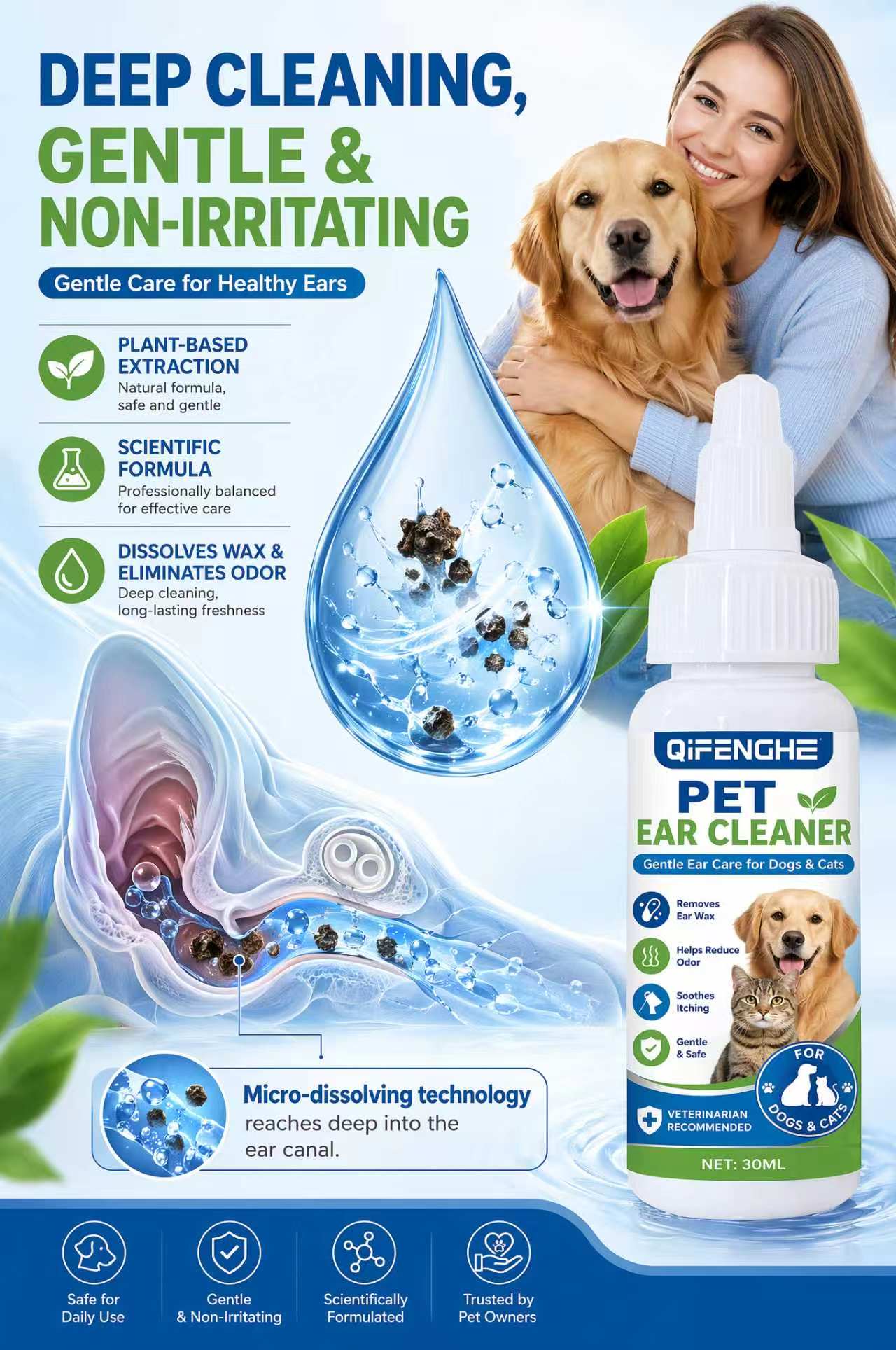 Dog Ear Cleaner Solution Drops Wash - 30 ml de gouttes nettoyantes pour